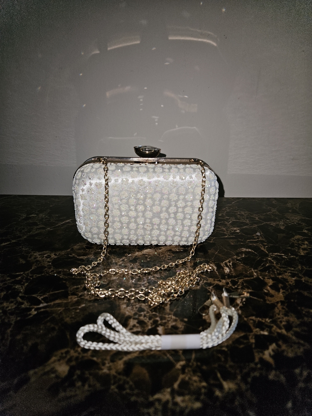 Cream Iridescent Crystal Cluster Evening Clutch with Gold Chain Diamond Closure